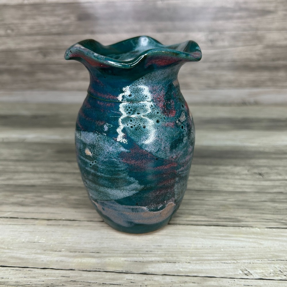 Vintage Raku Studio Pottery Vase Teal Green Glaze Handmade Art Pottery